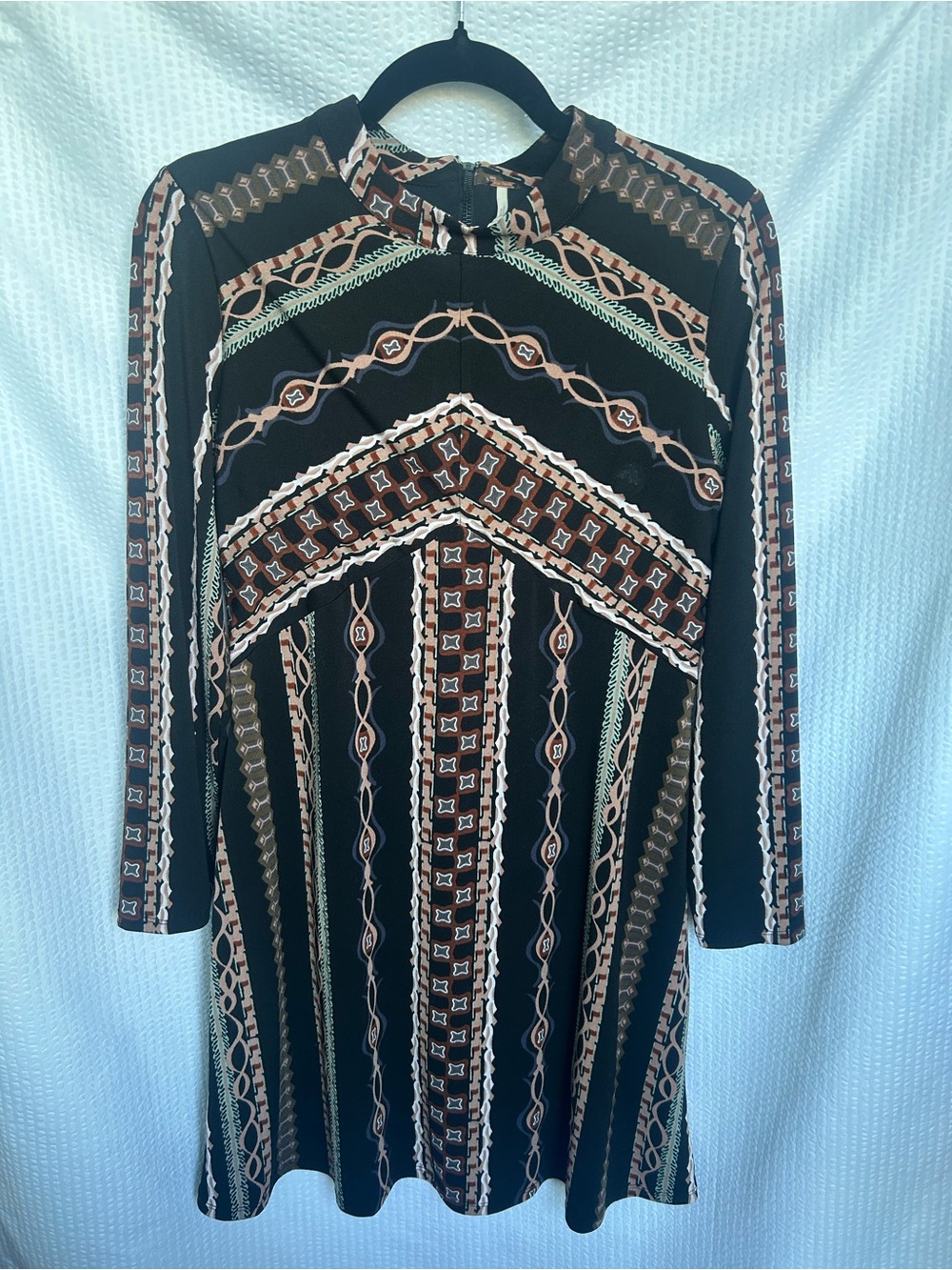 Free People Geometric Print Black Long-Sleeve Mini Dress Size Medium